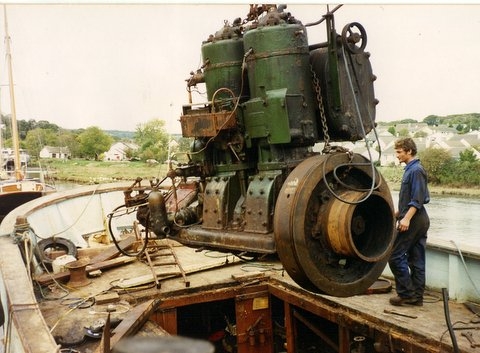 Twin Cylinder Hundersted engine being removed.